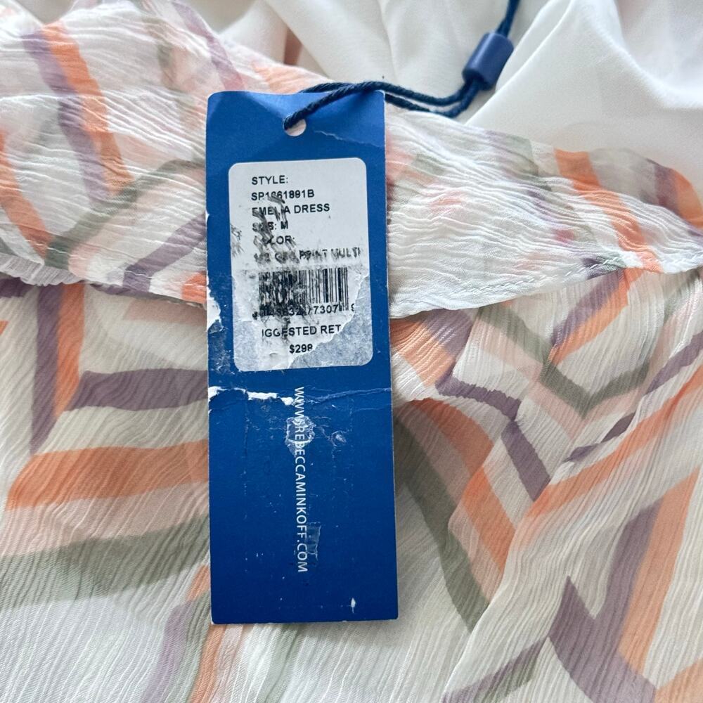 New REBECCA MINKOFF Emilia Multi Color Geo Print Chiffon Shift Dress Ruffle Sz M - Picture 11 of 13